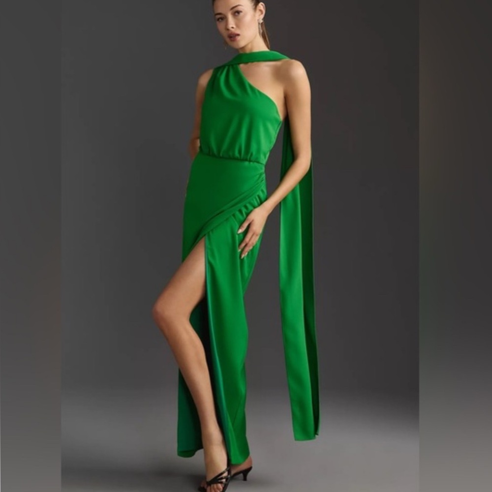 Black Halo Eve Green One-Shoulder Sash Side-Slit Maxi Dress Size 8